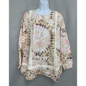 Lands'‎ End Women's Cotton Long Sleeve Split Neck Tie-Dye Tunic Top Medium